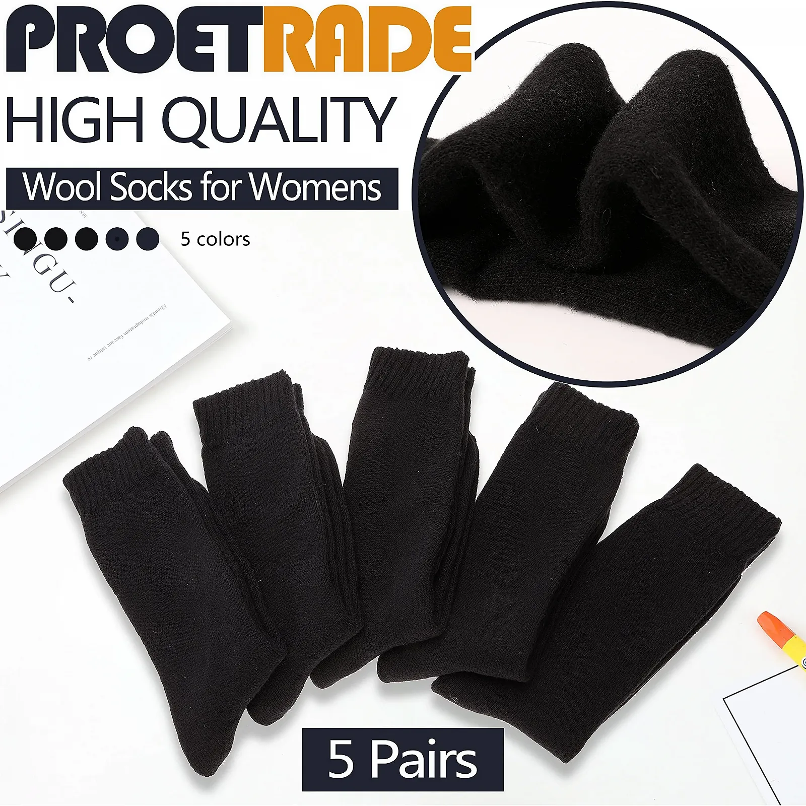 Женские носки из шерсти мериноса PROETRADE Термоноски Теплые толстые носки для походов Дышащие шерстяные носки Подарки Зимние носки 5 пар, фото №3