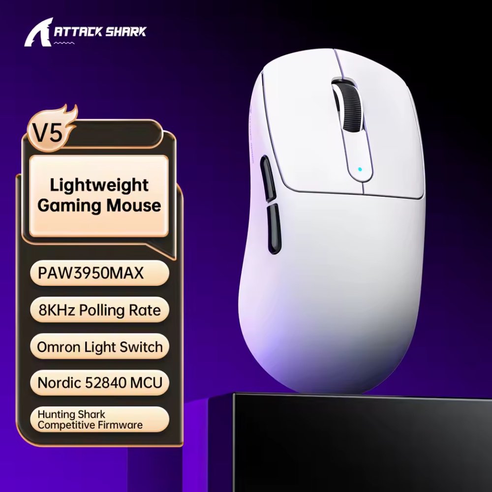 Ігрова мишка Attack Shark V5 White PAW3950MAX 42K DPI 8000Гц 750IPS 50G, фото №1