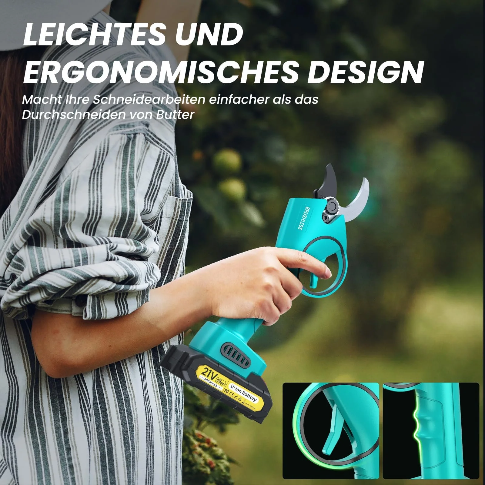 Садові ножиці акумуляторні електричні, 800 Вт, 33 мм, з 2 акумуляторами 21 В 2000 мА·год, фото №7