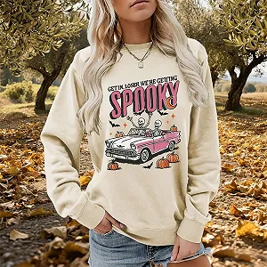 Женский Свитшот MLZHAN на Хэллоуин, смешное привидение на автомобиле, тыква, летучие мыши, графический, с круглым вырезом, с длинными рукавами, страшные фестивальные рубашки synthetic.ua - Фото 1