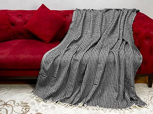 Одеяло Buena Zeba Традиционное Хлопок Зигзаг Бахрома 200 x 235 см (Черный) synthetic.ua - Фото 1