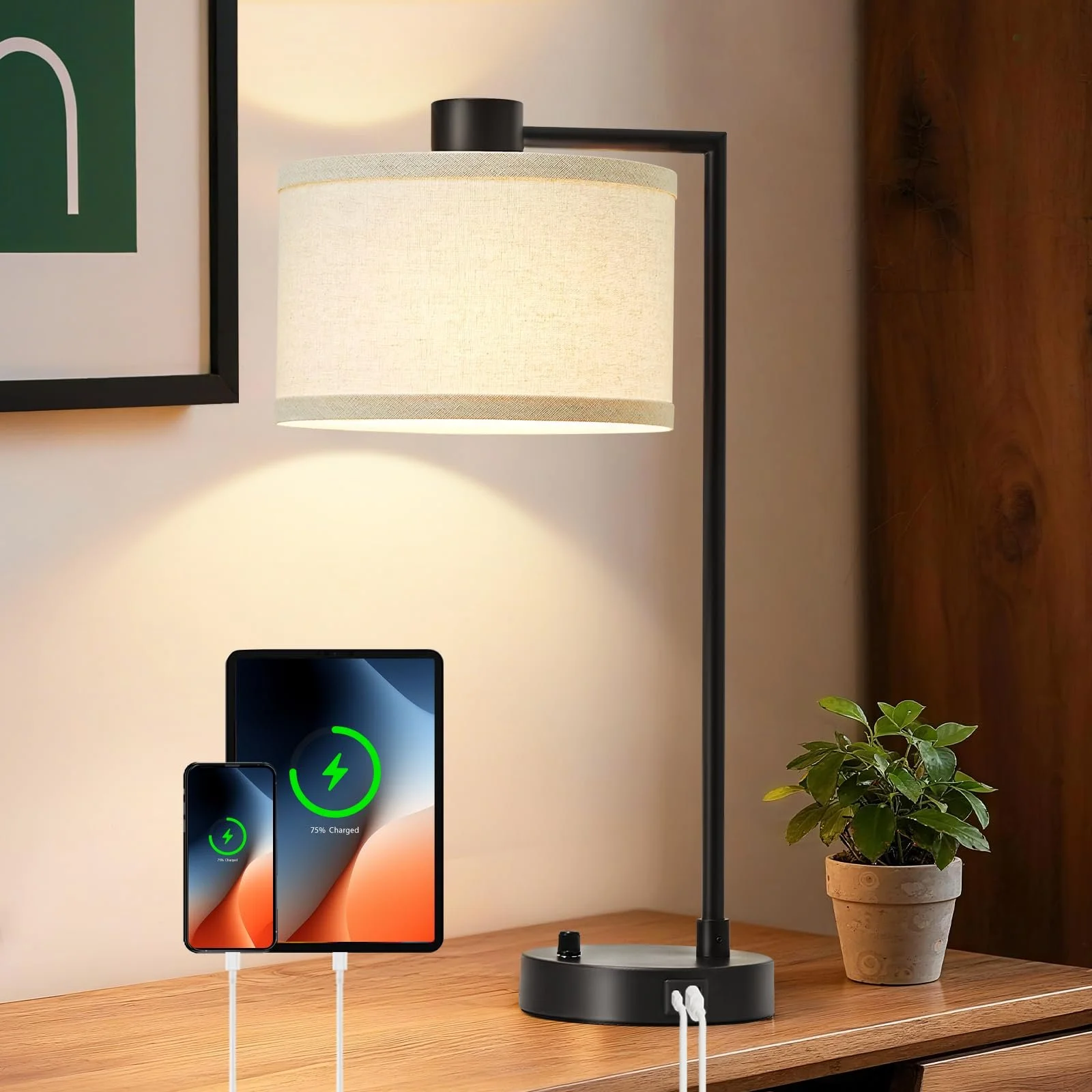 Настільна лампа GyroVu з функцією зарядки USB A+C димована з лляним абажуром (лампа в комплекті), фото №1