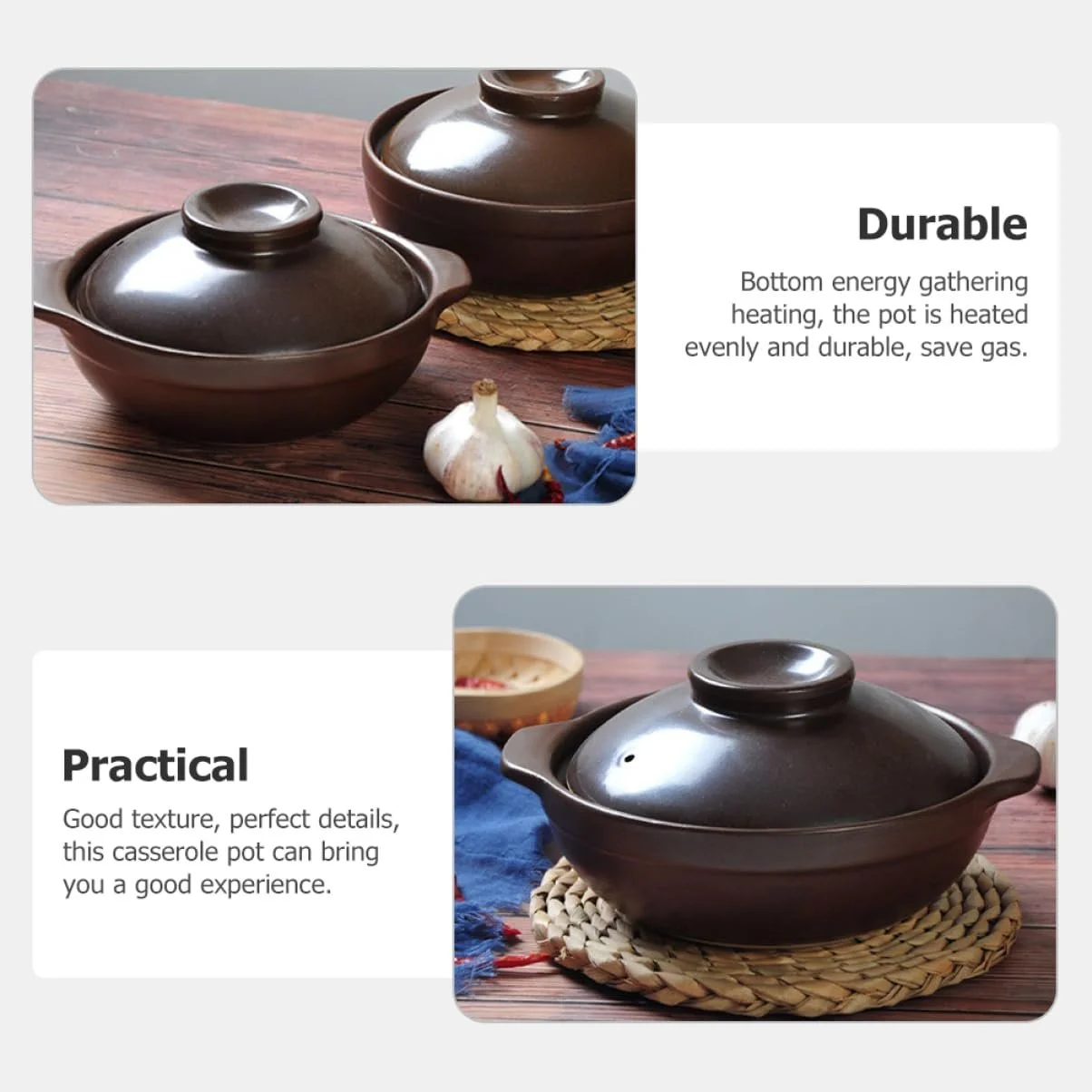 Кастрюля керамическая жаропрочная с крышкой, двойными ручками и отверстием для пара, фото №4