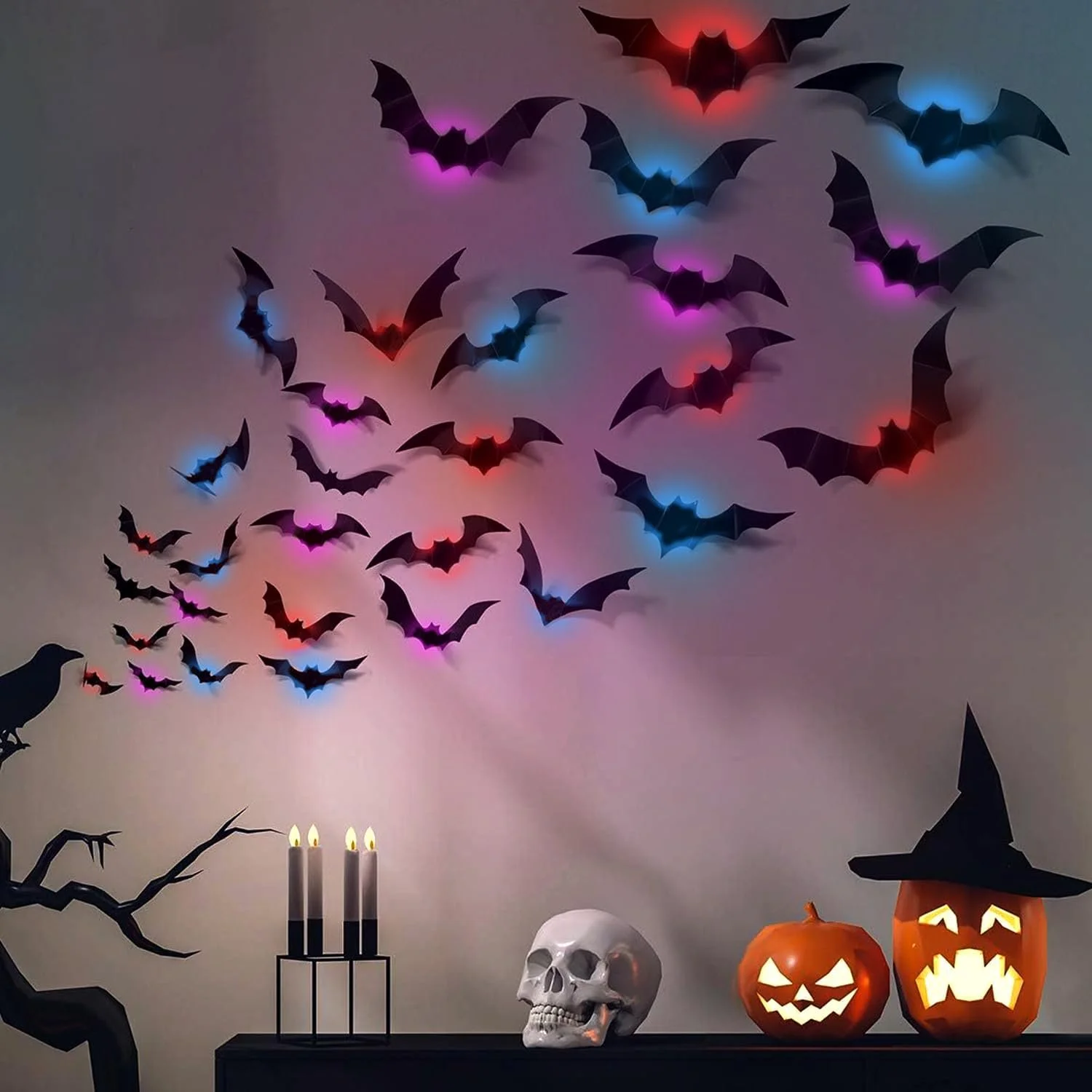 Настінні наклейки Хелловін 3D світлодіодні кажани 24 штуки Чорний, фото №4