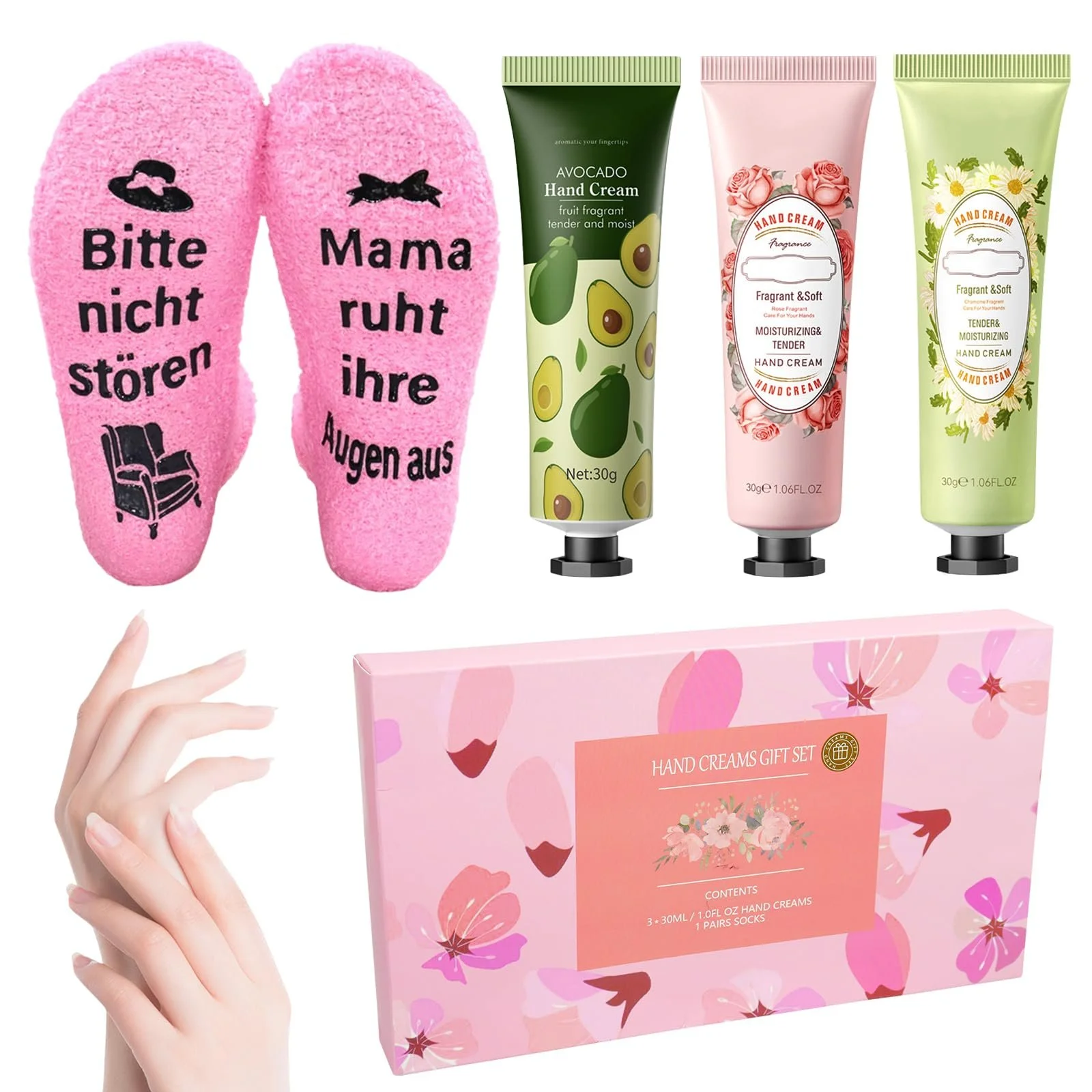 Носки с надписью, 3 крема для рук для женщин, подарочный набор (A), фото №1