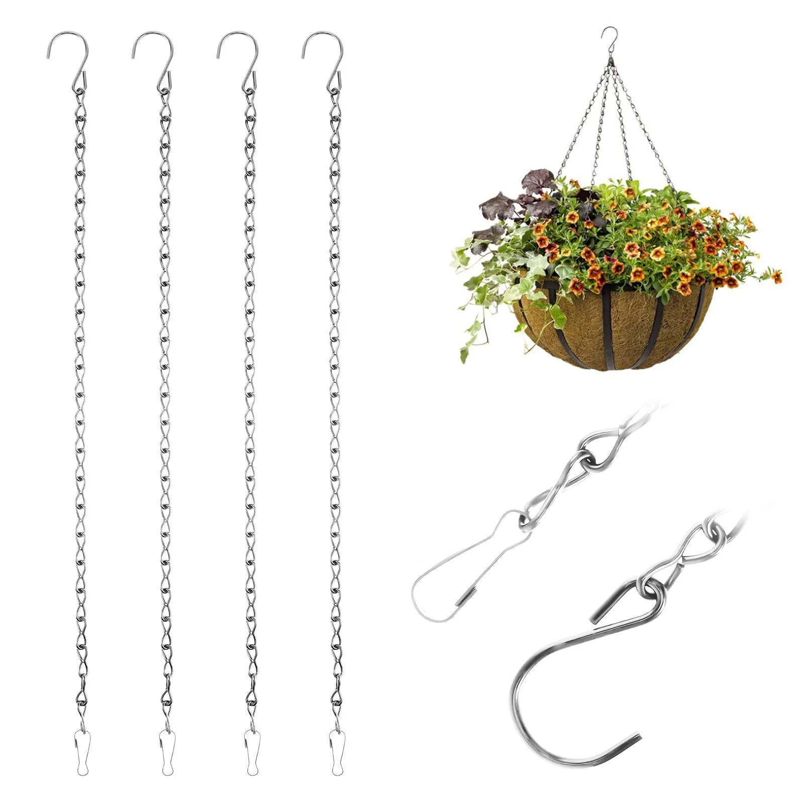 Ланцюги для підвісних кошиків 4 шт. 50 см металеві з гачками Сріблястий, фото №1