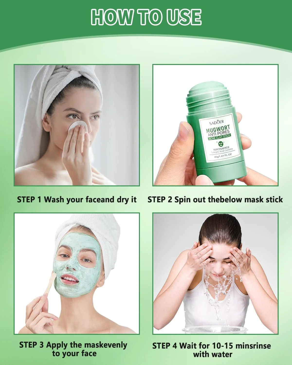 Маска-стик Зеленый Чай для глубокого очищения пор, с экстрактом зеленого чая, для очищения, увлажнения, удаляет черные точки, для всех типов кожи, 2 шт, фото №4