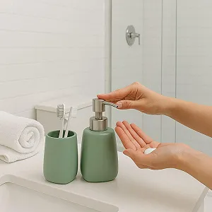 Набор для ванной комнаты Керамика Water Green Дозатор мыла, стакан Минималистичный стиль synthetic.ua - Фото 1