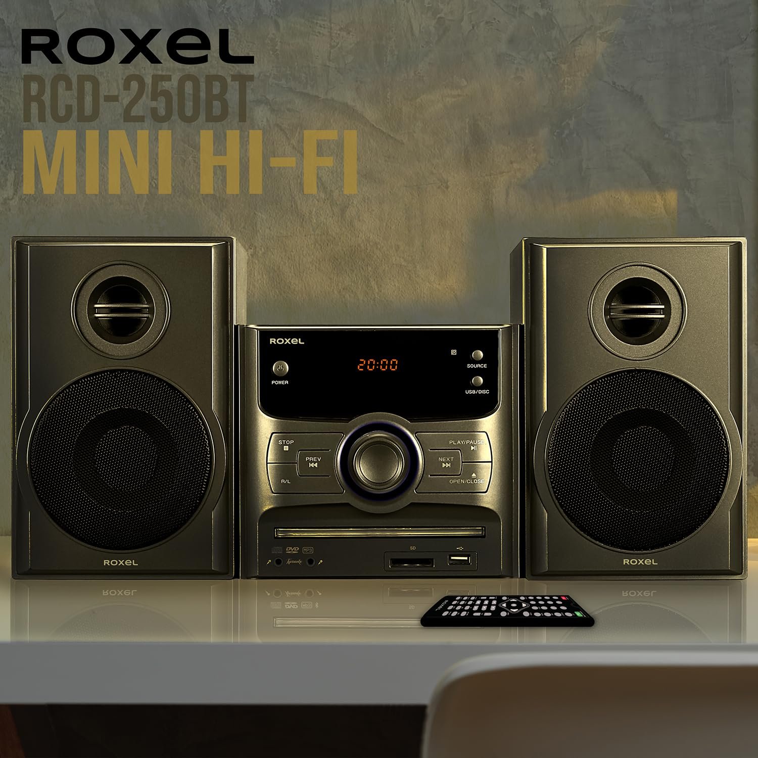 Мини-стереосистема Roxel RCD-250BT Micro Hi-Fi, DVD-проигрыватель, функция караоке, дистанционное управление, беспроводное воспроизведение, FM-радио, воспроизведение USB MP3, выходная мощность 40 Вт RMS, фото №4