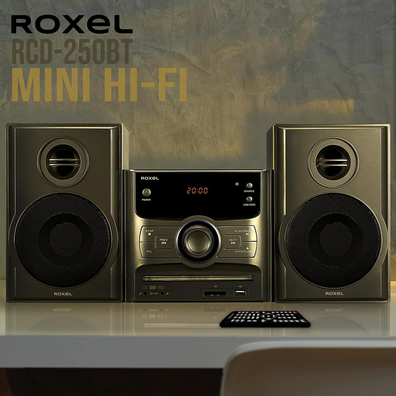 Мини-стереосистема Roxel RCD-250BT Micro Hi-Fi, DVD-проигрыватель, функция караоке, дистанционное управление, беспроводное воспроизведение, FM-радио, воспроизведение USB MP3, выходная мощность 40 Вт RMS, фото №4 Мини-стереосистема Roxel RCD-250BT Micro Hi-Fi, DVD-проигрыватель, функция караоке, дистанционное управление, беспроводное воспроизведение, FM-радио, воспроизведение USB MP3, выходная мощность 40 Вт RMS, фото №4