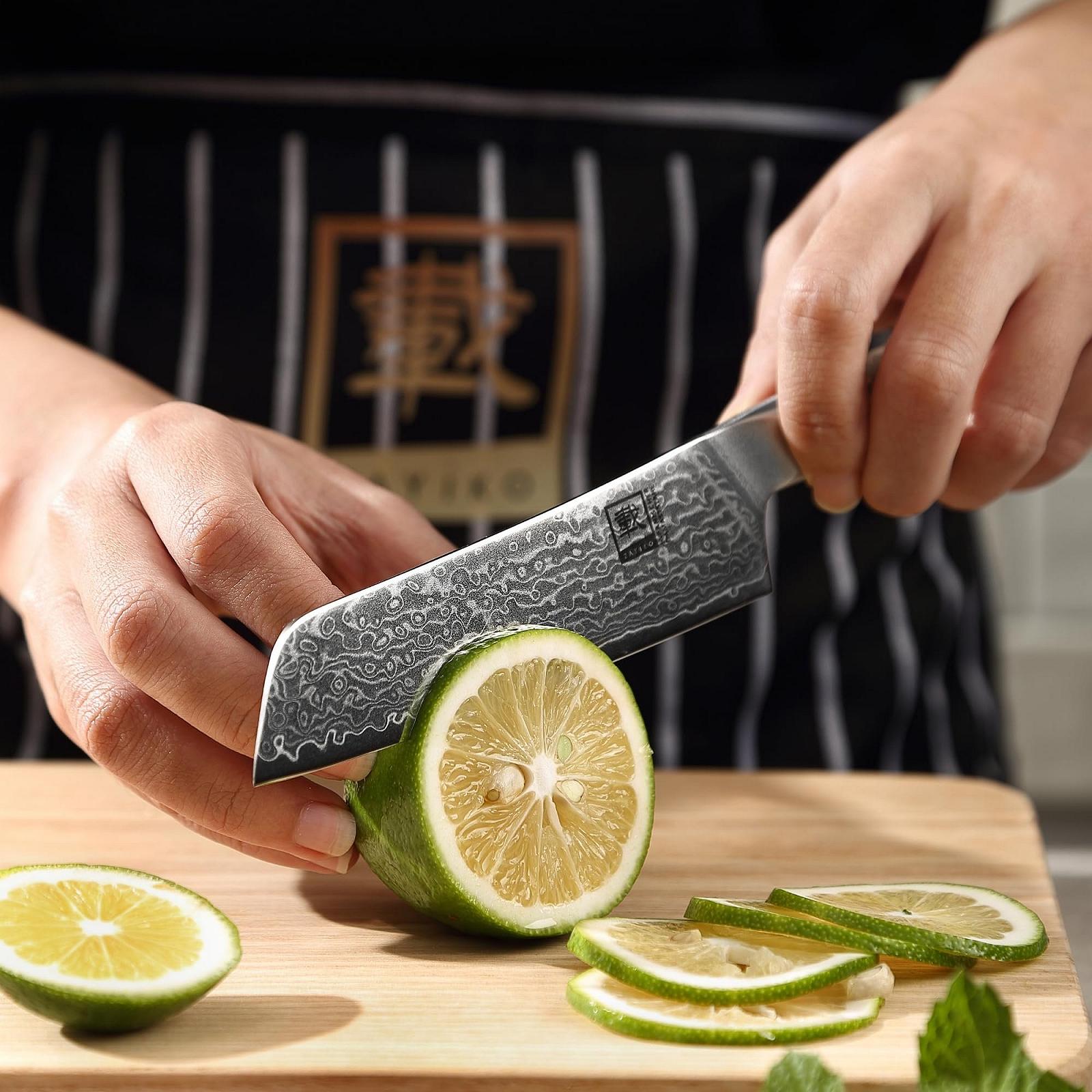 Набір ножів Zayiko Professional Series Premium 3 Damascus: ніж шеф-кухаря 20 см, ніж для м'яса 20 см, універсальний ніж 12 см, дамаська сталь, руків'я з клену, з блоком для ножів, фото №5