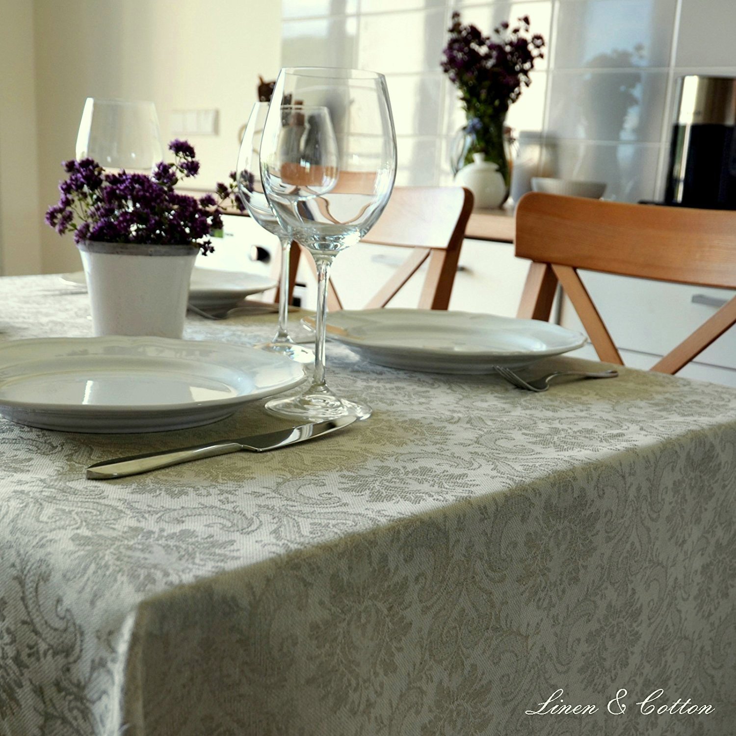 Скатертина Linen & Cotton Waverly жакардова дамаська 52% льон 48% бавовна бежева 147 x 200 см, фото №2