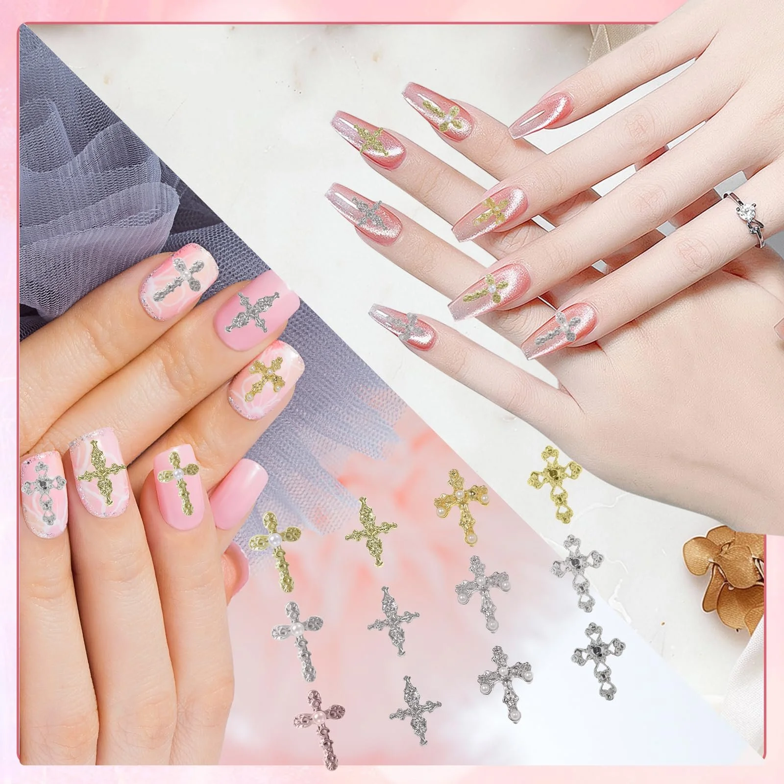 3D Подвески для ногтей Крестики 120 шт., 12 отделений, металлические украшения для ногтей золото серебро черный, DIY аксессуары для профессионального маникюра для гель-лака, фото №5