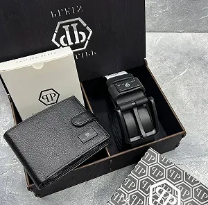 Подарунковий набір Ремінь і Гаманець Philipp Plein в подарунковій коробочці з дерева - Фото 1