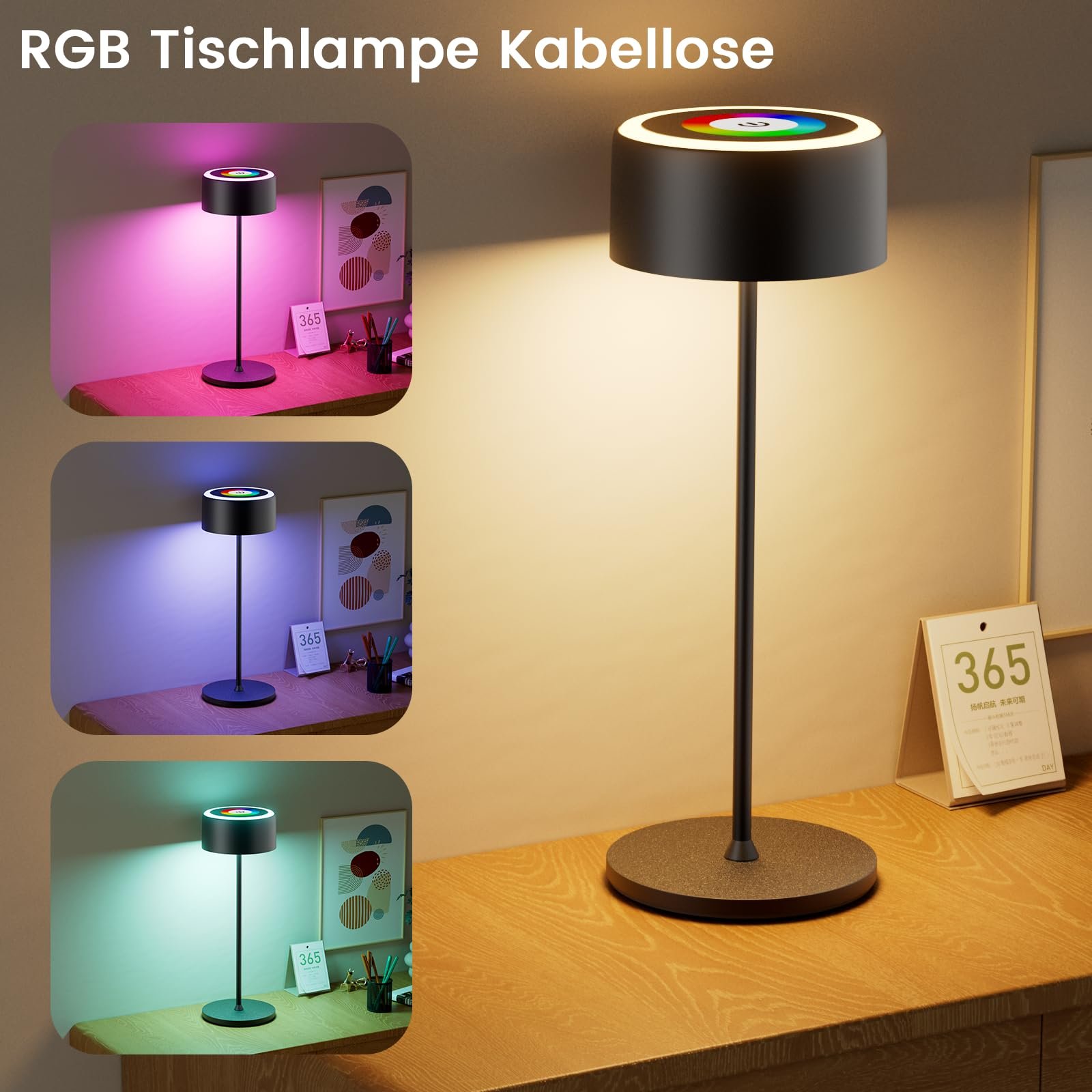 Настільна лампа TYEE бездротова світлодіодна акумуляторна, димована, 3000-6000K + RGB, USB-C, IP54, чорна, фото №2