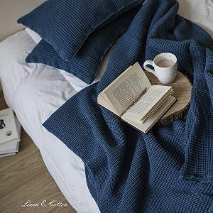 Покривало Вафельне Плед Linen & Cotton Enzo Плед в клітинку 210 x 250 см Темно-синій synthetic.ua - Фото 1