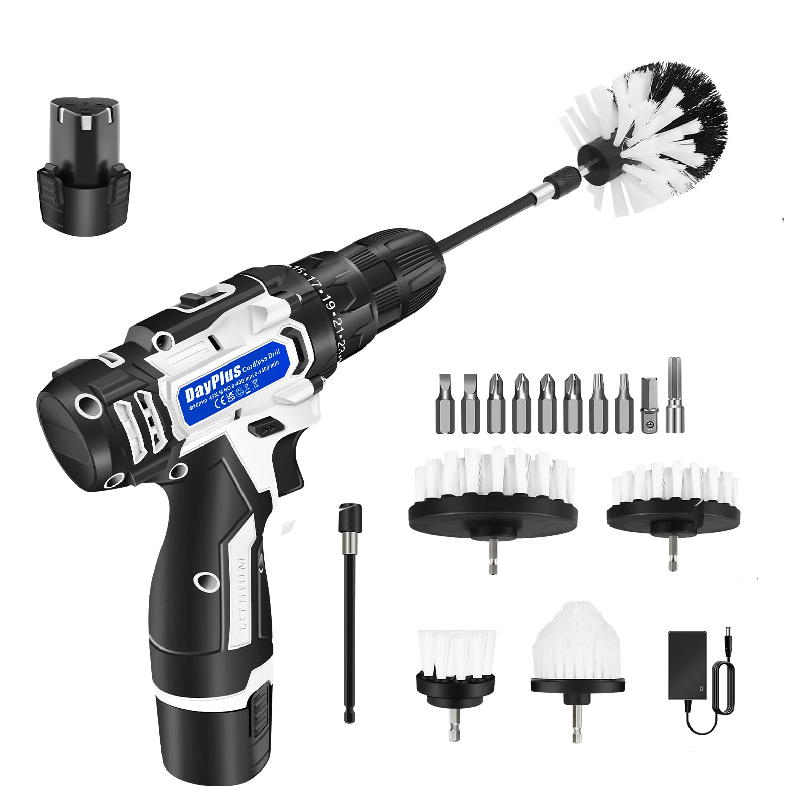 Дриль-шуруповерт 12V з 2 акумуляторами 1500mAh та 18+1 налаштуванням обертального моменту білий, фото №1