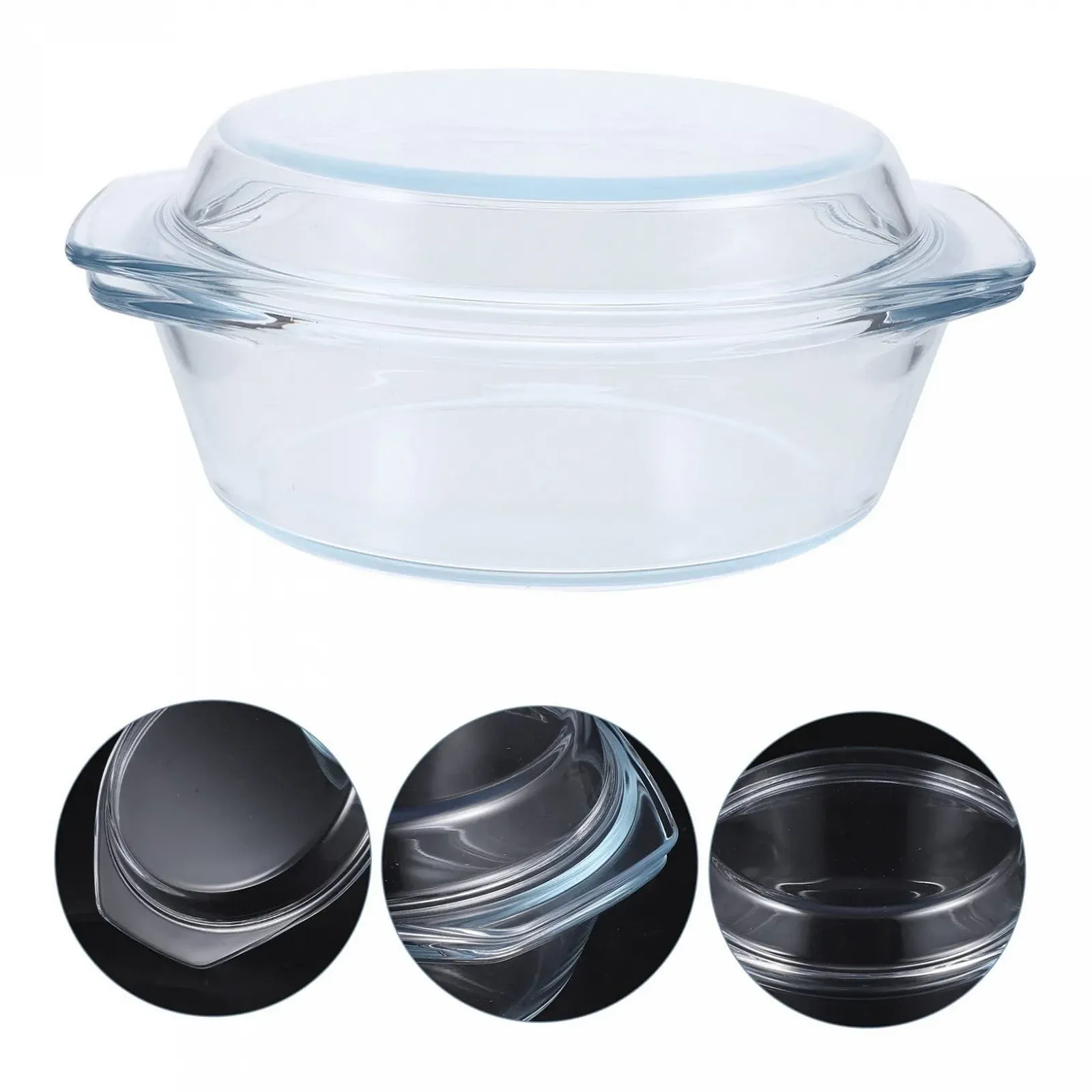 Форма для запекания VILLCASE круглая стеклянная термостойкая с крышкой и ручками для микроволновой печи прозрачная, фото №7