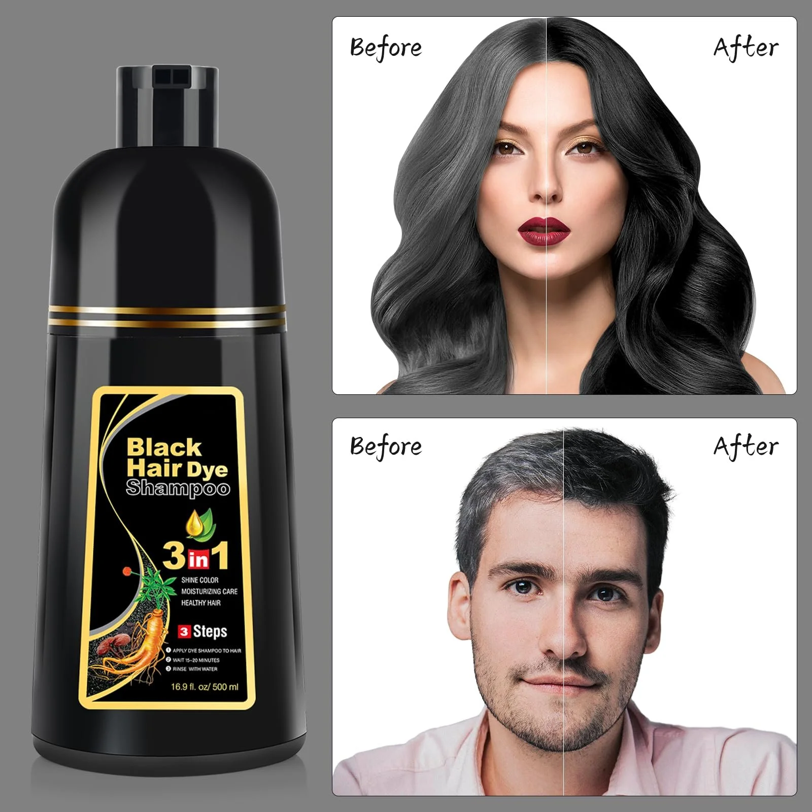 Шампунь для окрашивания волос Bablabear Black, для мужчин и женщин, для седых волос, 3 в 1, для сухих волос, 500 мл, фото №2