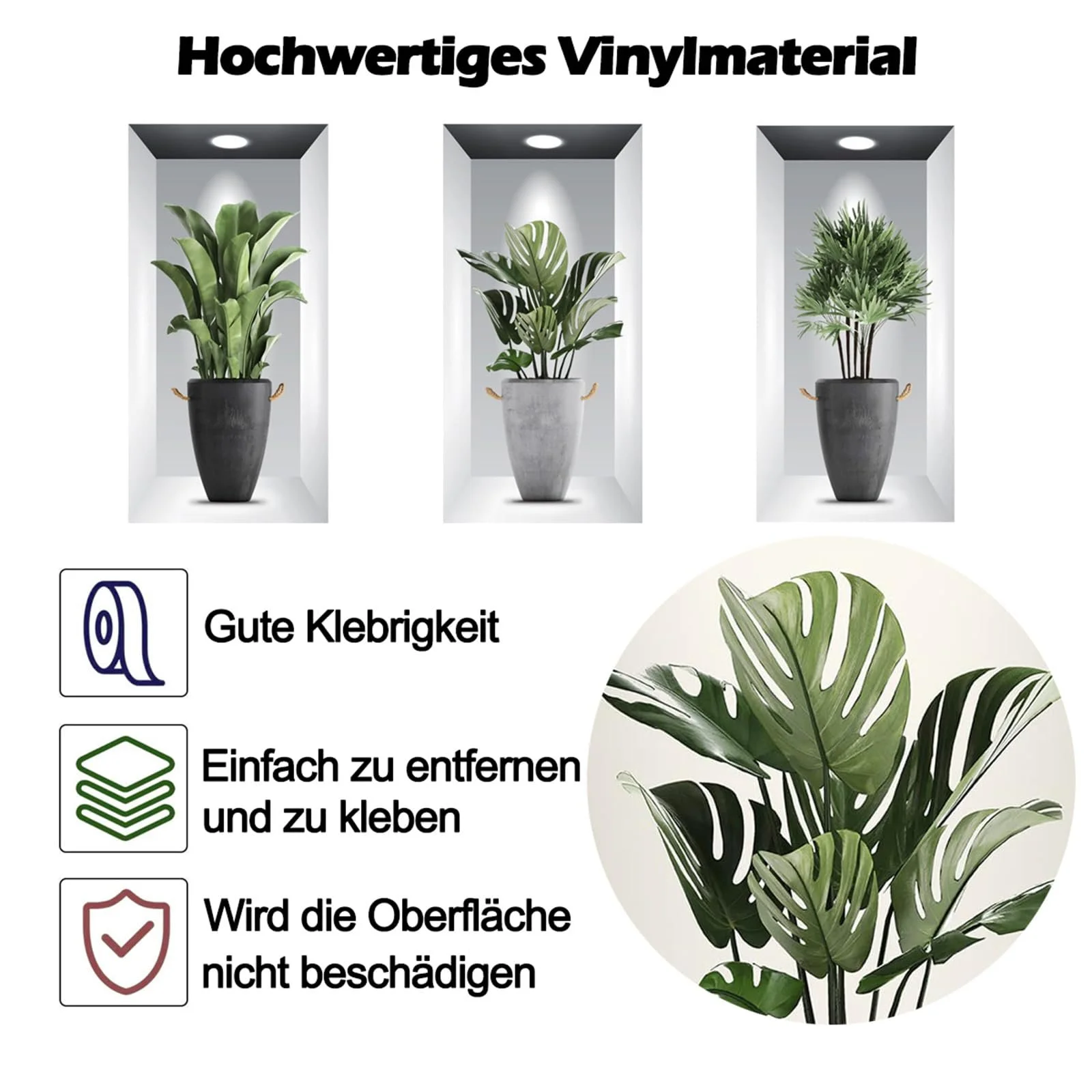 Наклейка на стіну 3D Green Plants Vase Зелена 30 x 60 см 3 шт., фото №2