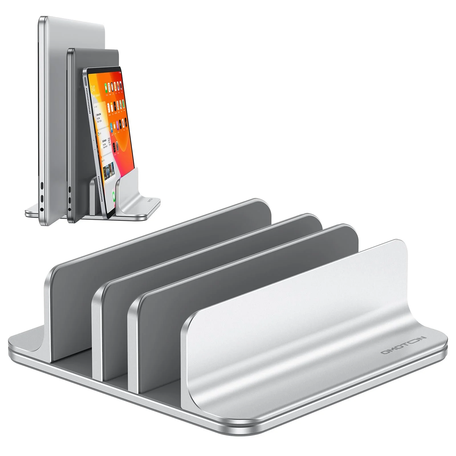 Вертикальна Підставка OMOTON Алюмінієва з 3 Слотами для Ноутбука, Регульована, Срібна, фото №1