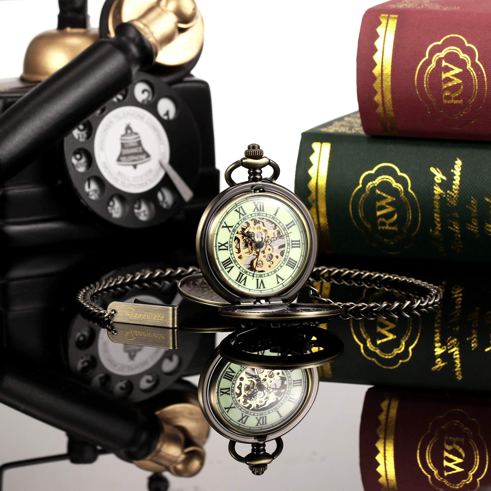 Кишеньковий годинник TREEWETO Unisex Mechanical Double Cover Full Metal Alchemist Luminous Skeleton Steampunk з ланцюжком Бронзовий, фото №7