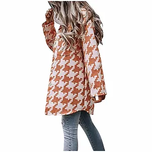 Пальто Зимове Жіноче Вільне Модне В кольорову гусячу лапку, довгий рукав, вовняний лацкан, на ґудзиках - Фото 1