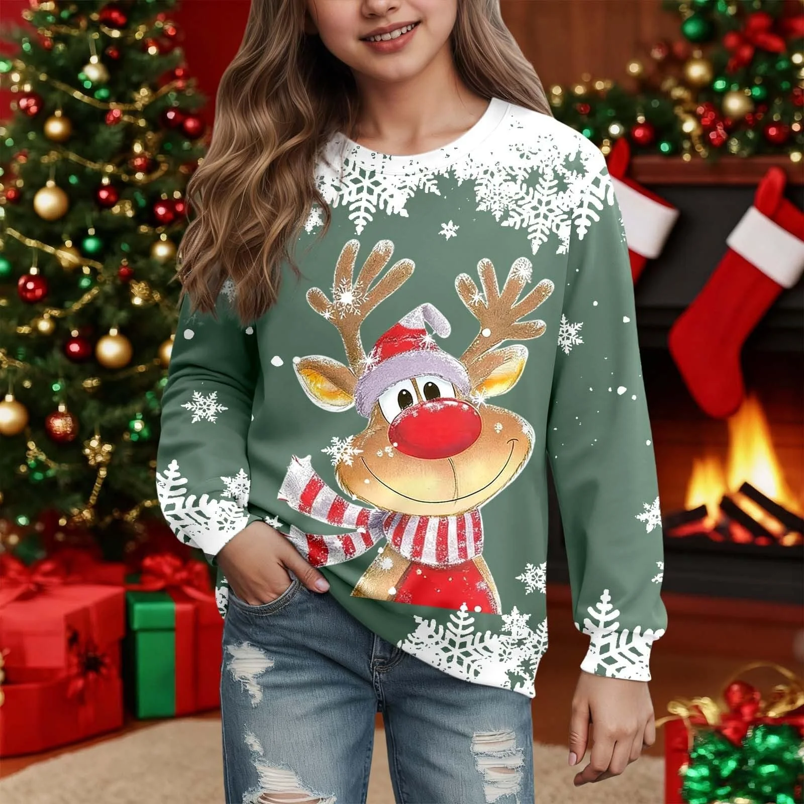 Дівчинка Светшот з різдвяним принтом оленя Generisch З круглим вирізом, фото №3