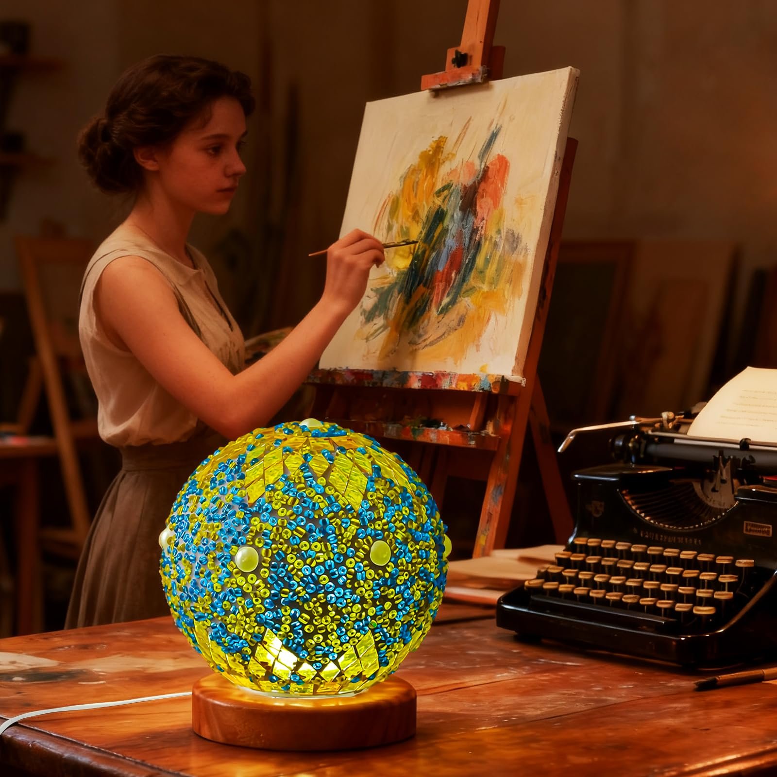 Настільна лампа Morocco Mosaic Скляна мозаїка Дерев'яна основа USB Moroc-Green, фото №4