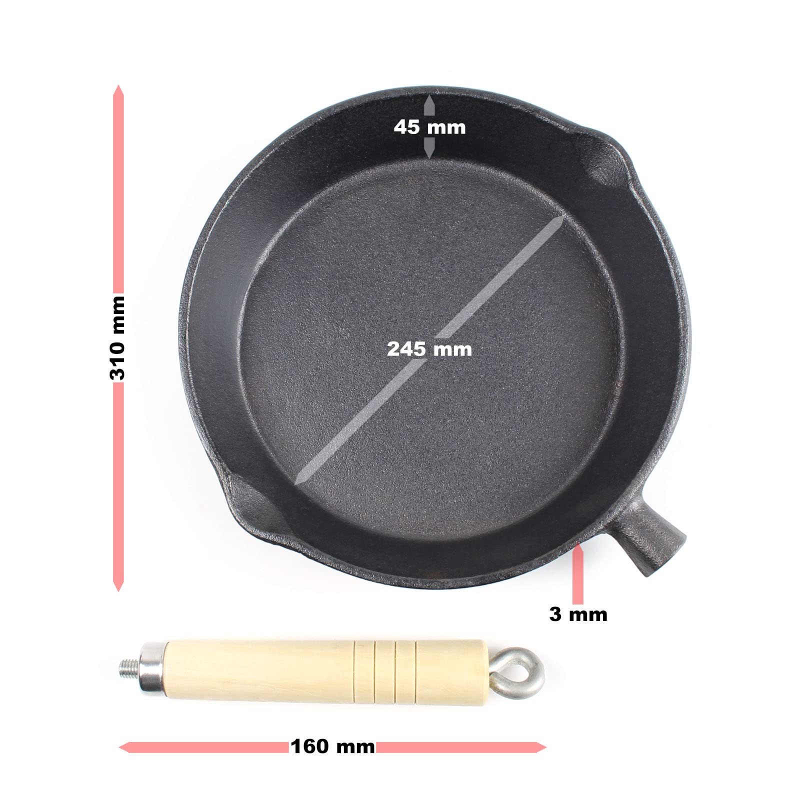 Пательня Wiltec Чавунна Діаметр 30 см Дерев'яна ручка, фото №5