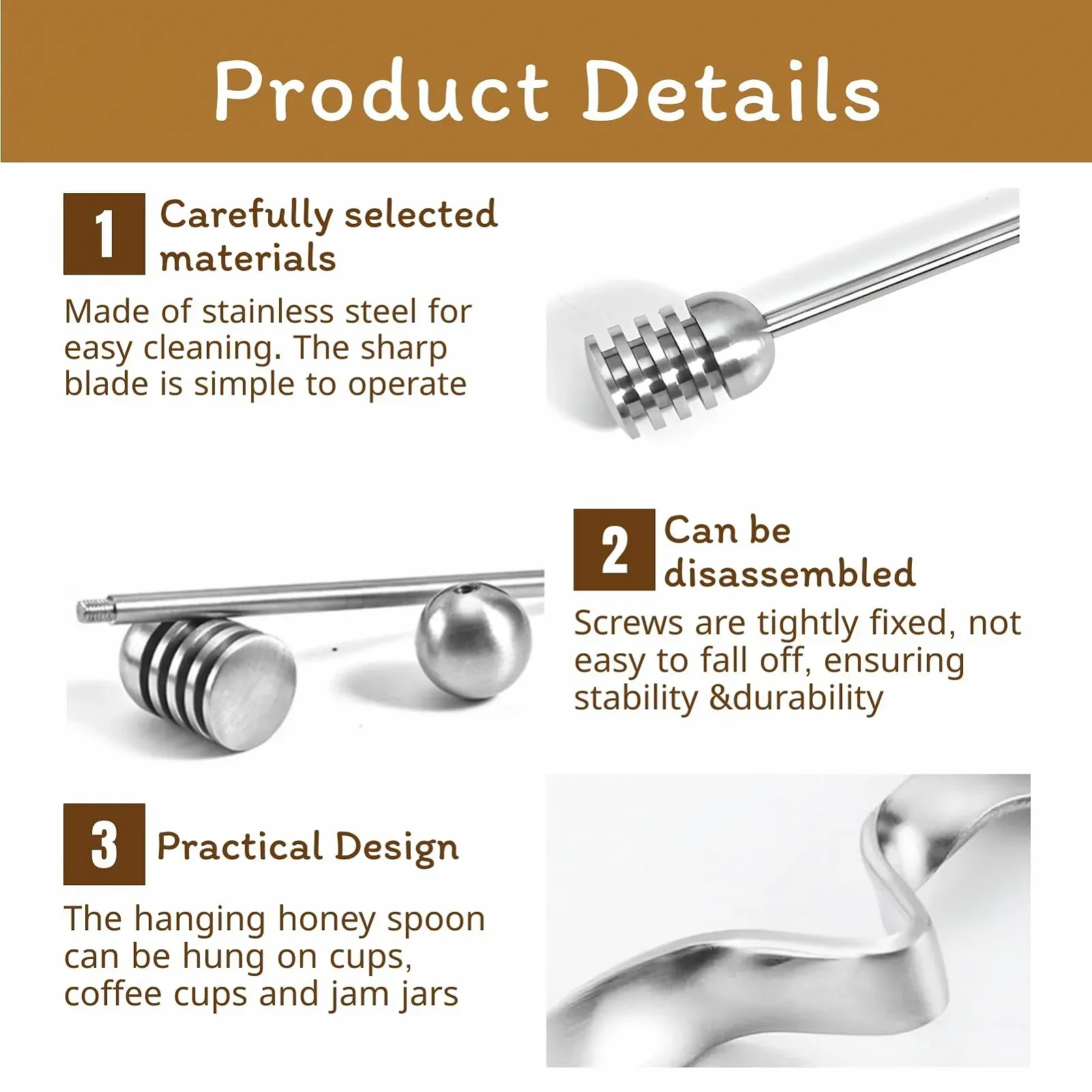 Ложка для меда Нержавеющая сталь 3 шт Палочка для размешивания джема, йогурта, меда, сиропа, фото №3