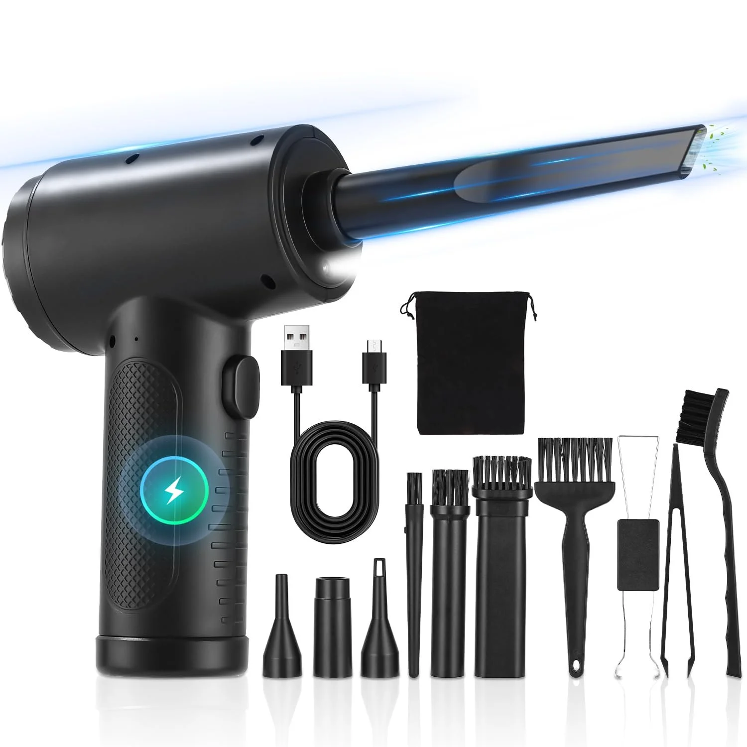 Акумуляторна повітродувка Yulado 7.2 KPA 3 швидкості з підсвіткою та аксесуарами, фото №1