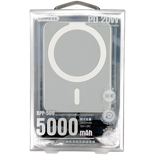 Зовнішній павербанк 5000 mAh 20W Remax RPP-509 MagSafe зі швидкою зарядкою PD+QC USB-C, Чорний, фото №1