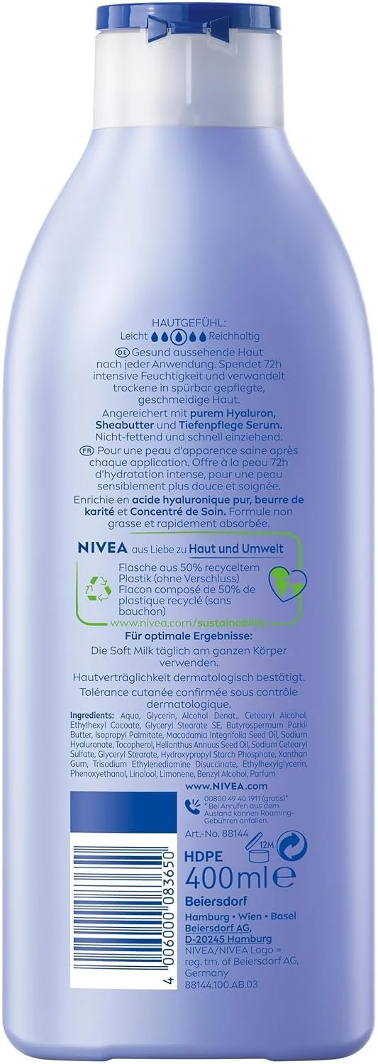 Молочко для тела NIVEA Pampering Soft Milk для сухой кожи с сывороткой Deep Care, увлажняющее средство с маслом ши и 100% чистой гиалуроновой кислотой, 400 мл, фото №10 Молочко для тела NIVEA Pampering Soft Milk для сухой кожи с сывороткой Deep Care, увлажняющее средство с маслом ши и 100% чистой гиалуроновой кислотой, 400 мл, фото №10
