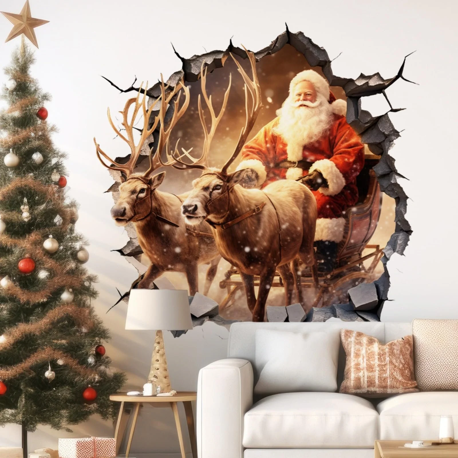 Наклейки на стіну Christmas 3D 2 шт. Дід Мороз та олені, фото №2