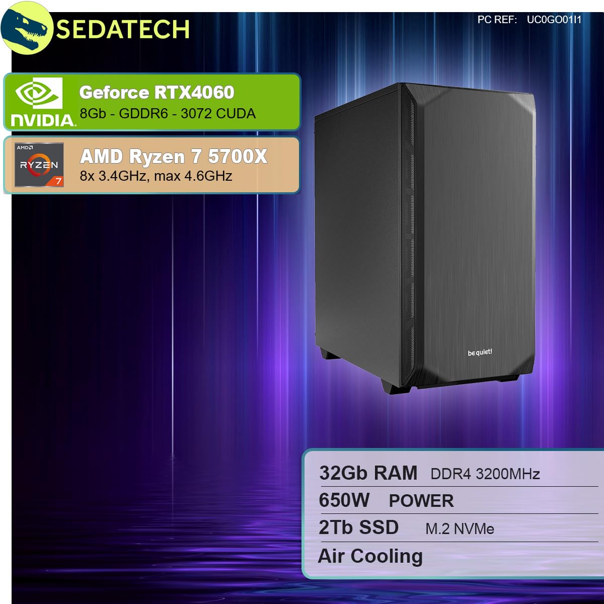 Комп'ютер Sedatech Silent Gaming PC AMD Ryzen 7 5700X Geforce RTX4060 32GB RAM 2TB SSD M.2 Без ОС, фото №2