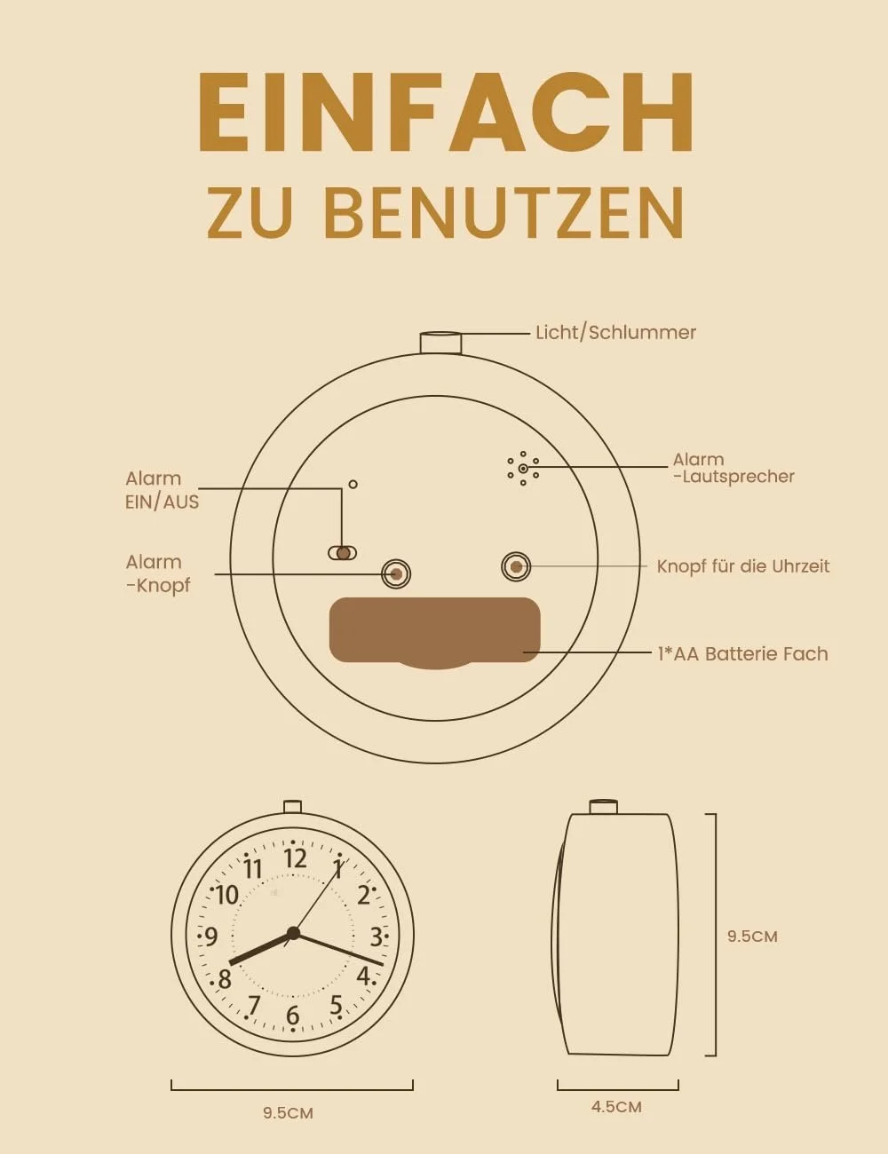 Аналоговий будильник aboveClock, безшумний, дерев'яний, з повтором сигналу, фото №7