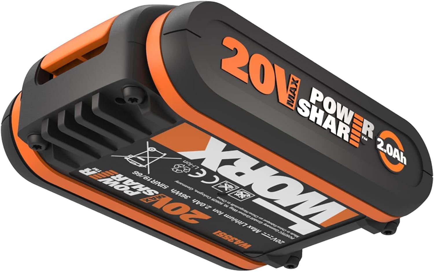 Аккумулятор литий-ионный Worx WA3551.1 / 20 В / 2 Ач / Черный-оранжевый, фото №4