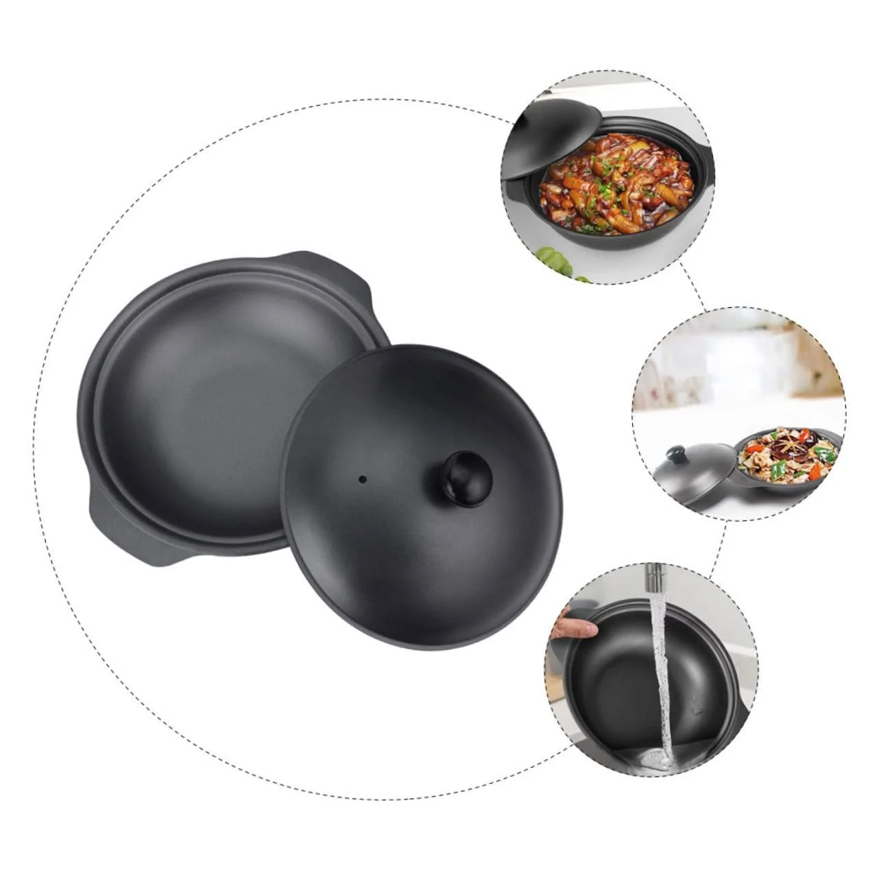 Каструля OUNONA Чавунна 16 см З кришкою Термостійка Чорна, фото №4