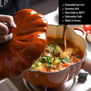 Чугунная кастрюля-кокотница 3,7 л в форме тыквы эмалированная с крышкой белая внутри synthetic.ua - Фото 1