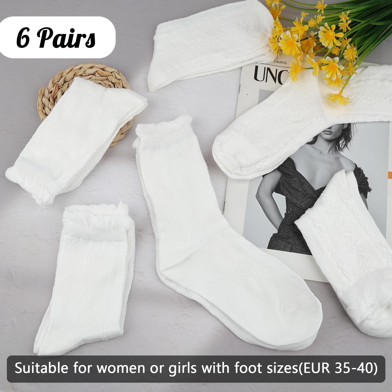 Набор носков с оборками, 6 пар Белые хлопковые носки с оборками для женщин, Удобные носки с оборками средней высоты, Мягкие дышащие трикотажные носки с ромбовидным и цветочным узором, фото №3
