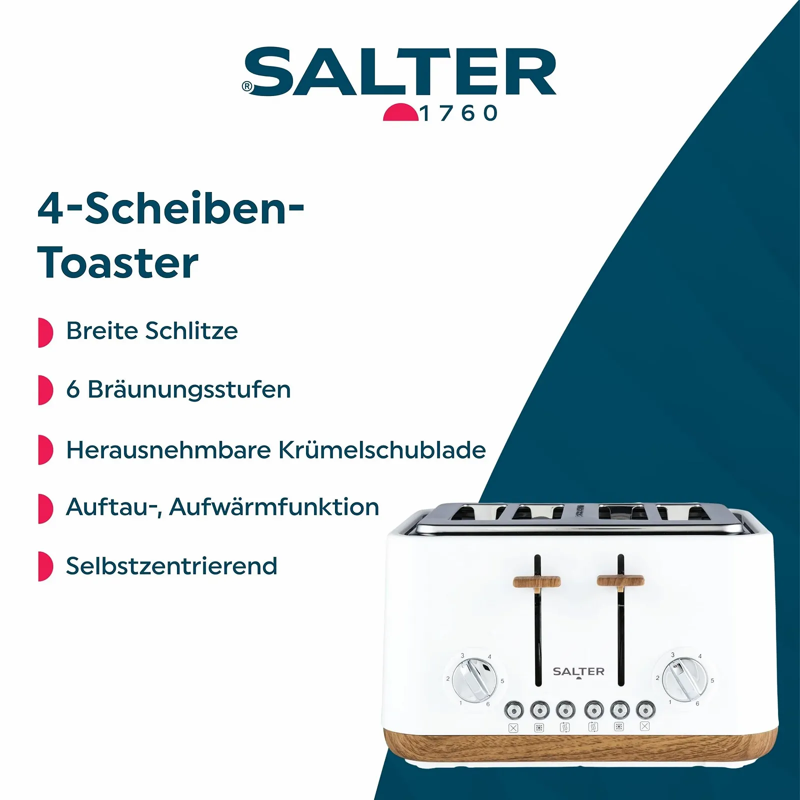 Тостер на 4 скибки Salter Toronto EK5823WHTVDE, широкі слоти, 6 рівнів підсмажування, знімний піддон для крихт, функції розморожування, підігріву та скасування, самоцентрування, функція підйому, 1630 Вт, білий, фото №2