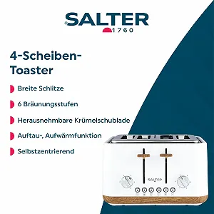 Тостер на 4 скибки Salter Toronto EK5823WHTVDE, широкі слоти, 6 рівнів підсмажування, знімний піддон для крихт, функції розморожування, підігріву та скасування, самоцентрування, функція підйому, 1630 Вт, білий synthetic.ua - Фото 1