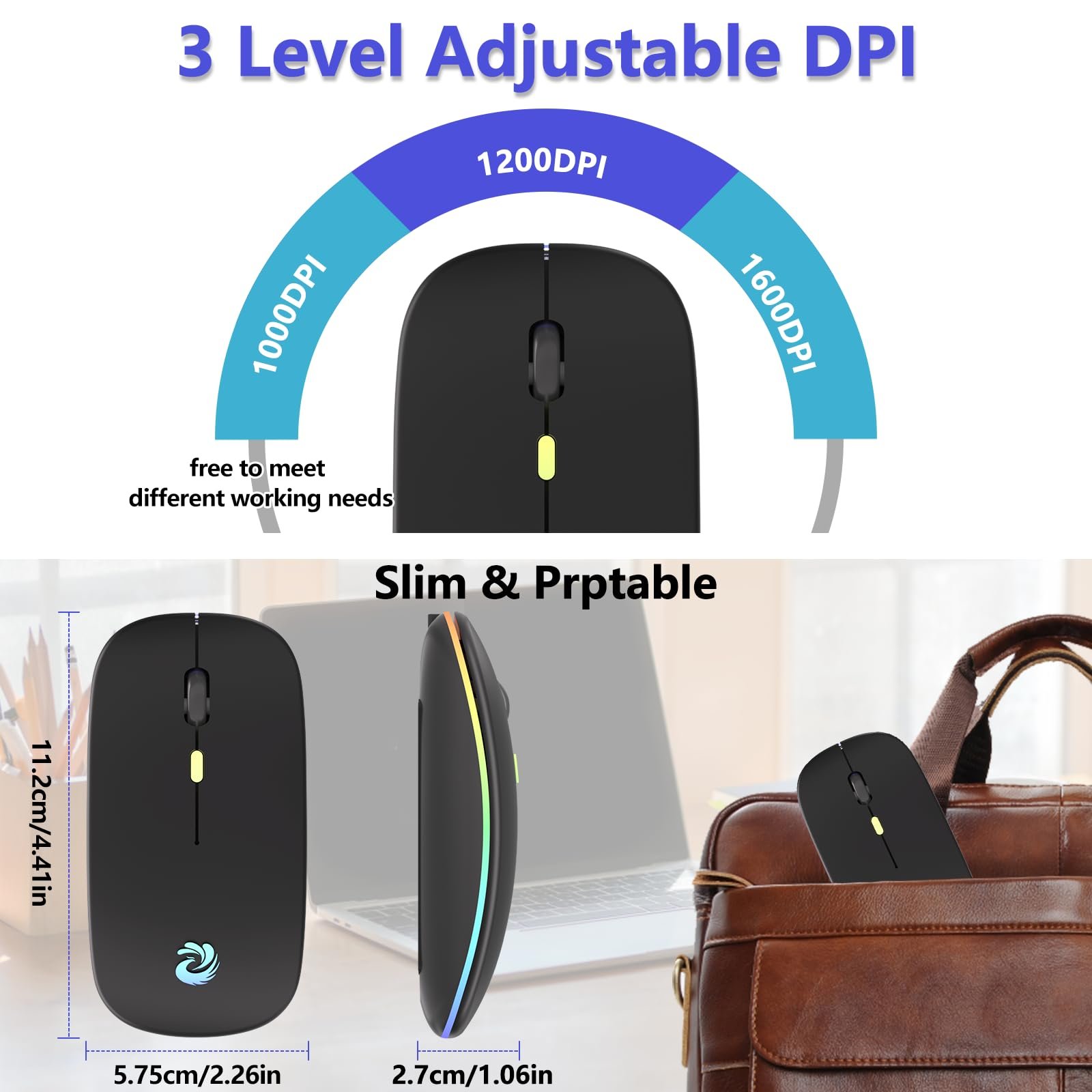 Мышь Беспроводная BQSS 2.4 GHz USB ресивер 1600 DPI оптическое отслеживание тихие нажатия перезаряжаемая LED черная, фото №5