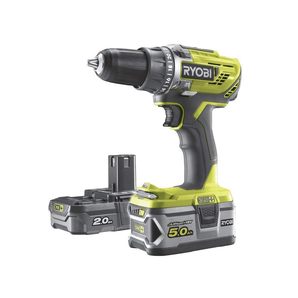 Шуруповерт Ryobi R18DD3-225S бездротовий 2-швидкісний з 2x батареї (2.0 і 5.0 Ач) та швидка зарядка, час зарядки приблизно 60 хвилин, фото №1