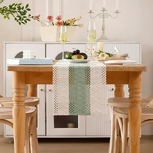 Ранер для столу Macrame Boho 30 x 140 см бавовна та льон зелений евкаліпт synthetic.ua - Фото 1