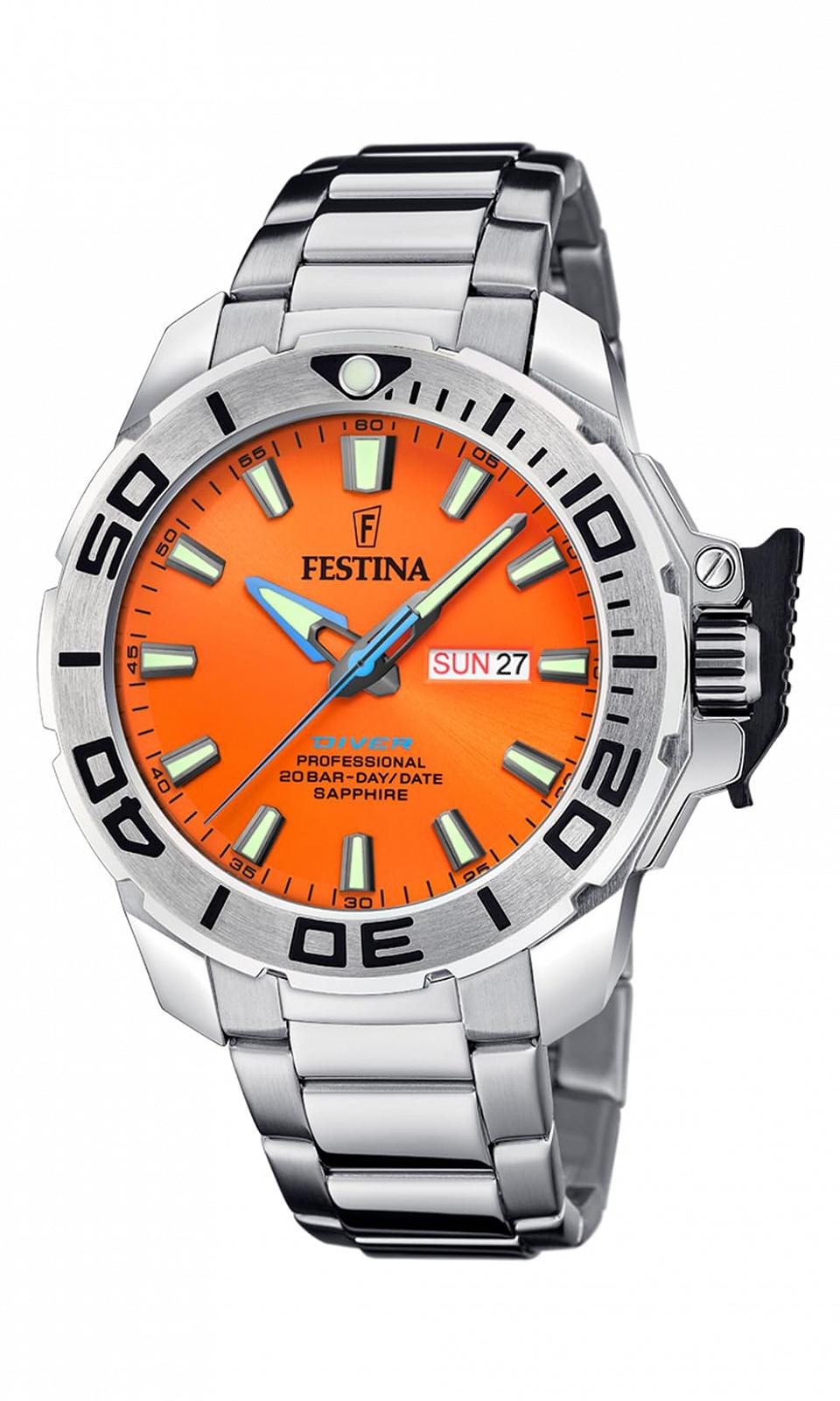 Чоловічий годинник Festina Diving F20665/5 46,3 мм Помаранчевий циферблат Нержавіюча сталь Сріблясто-помаранчевий, фото №1