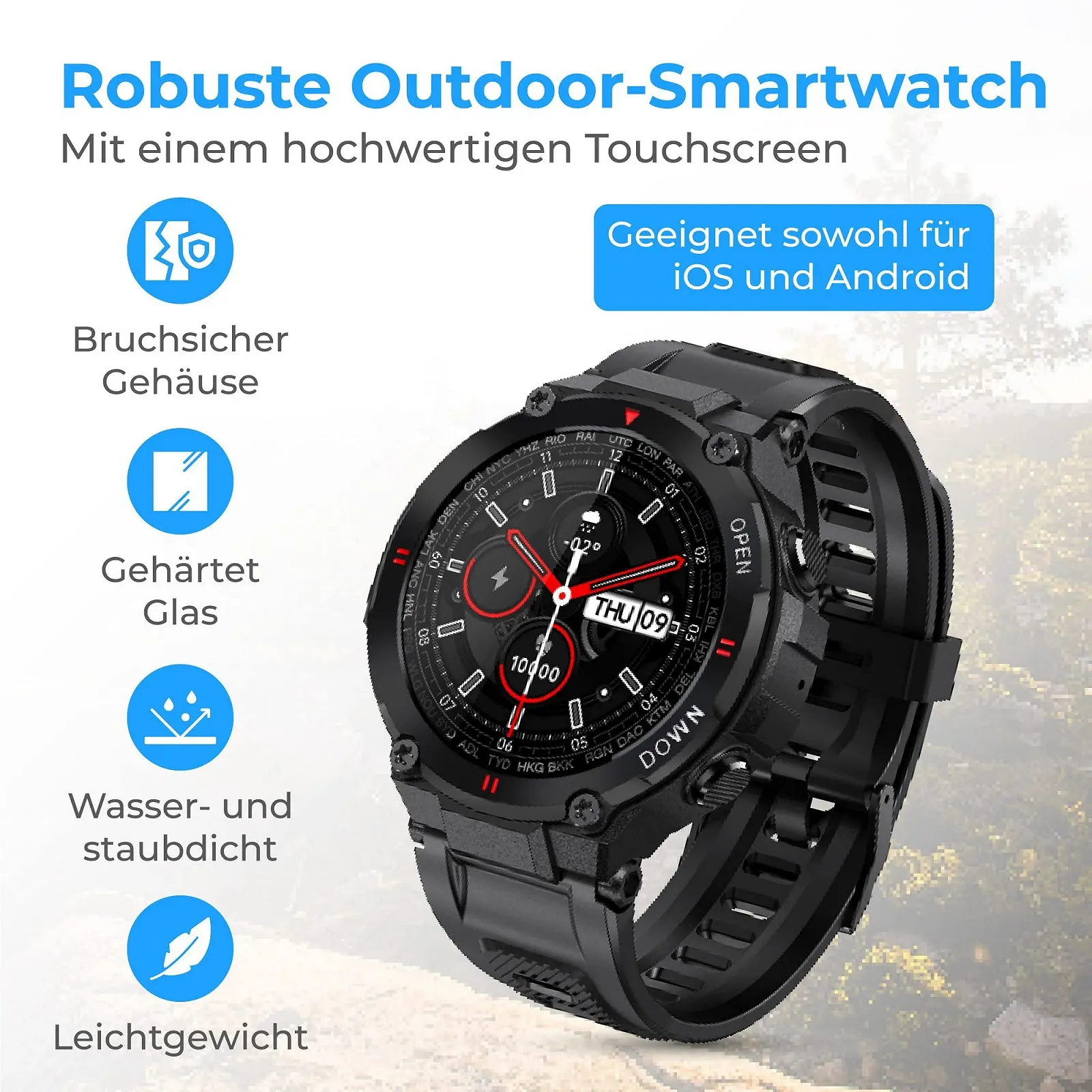 Смарт-часы Nuvance K22 Outdoor 45 мм сенсорный IP67 водонепроницаемый для мужчин, женщин и детей, фото №2 Смарт-часы Nuvance K22 Outdoor 45 мм сенсорный IP67 водонепроницаемый для мужчин, женщин и детей, фото №2