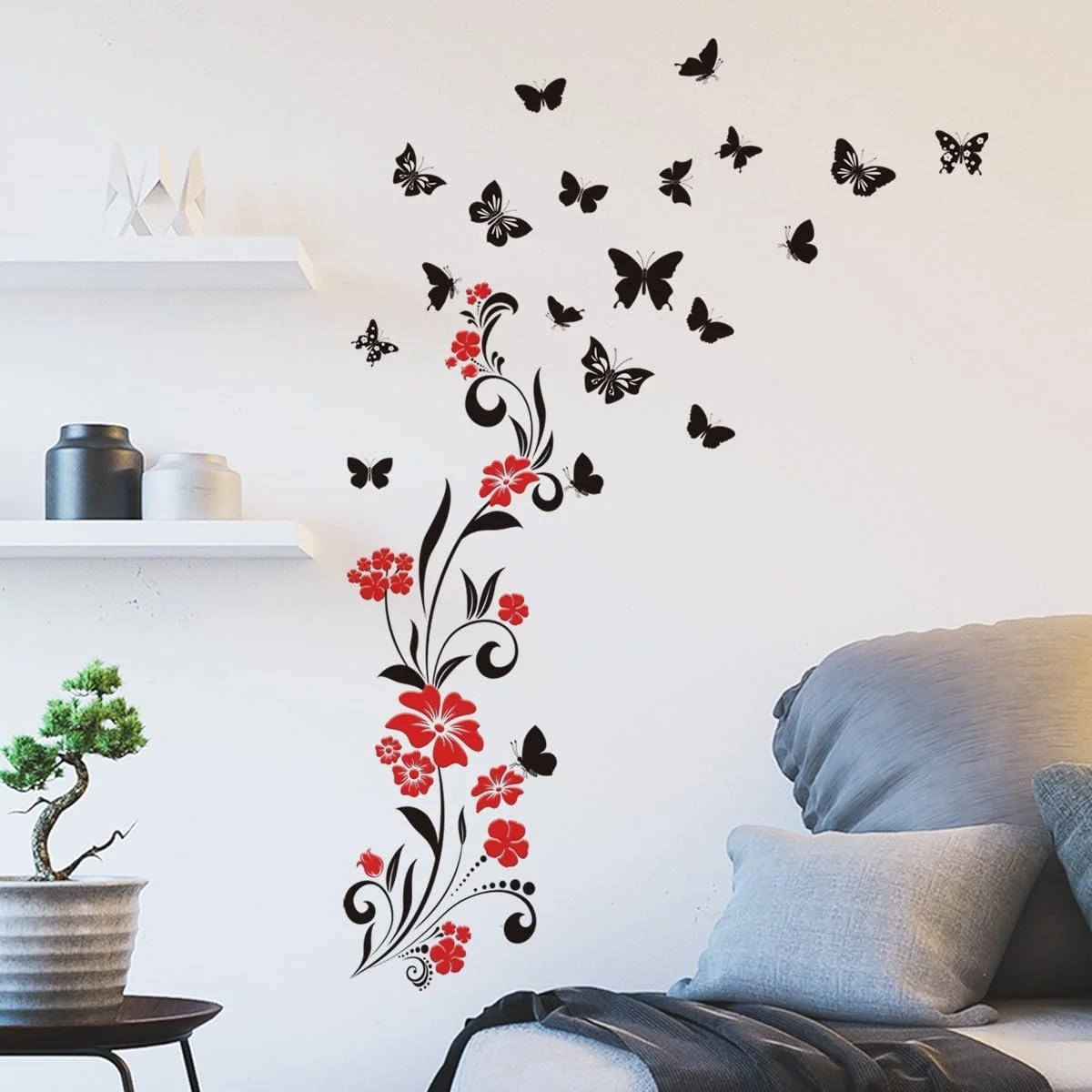 Наклейка на стену Цветы с бабочками Флористическая Черно-красная 118 x 80 см ПВХ, фото №7