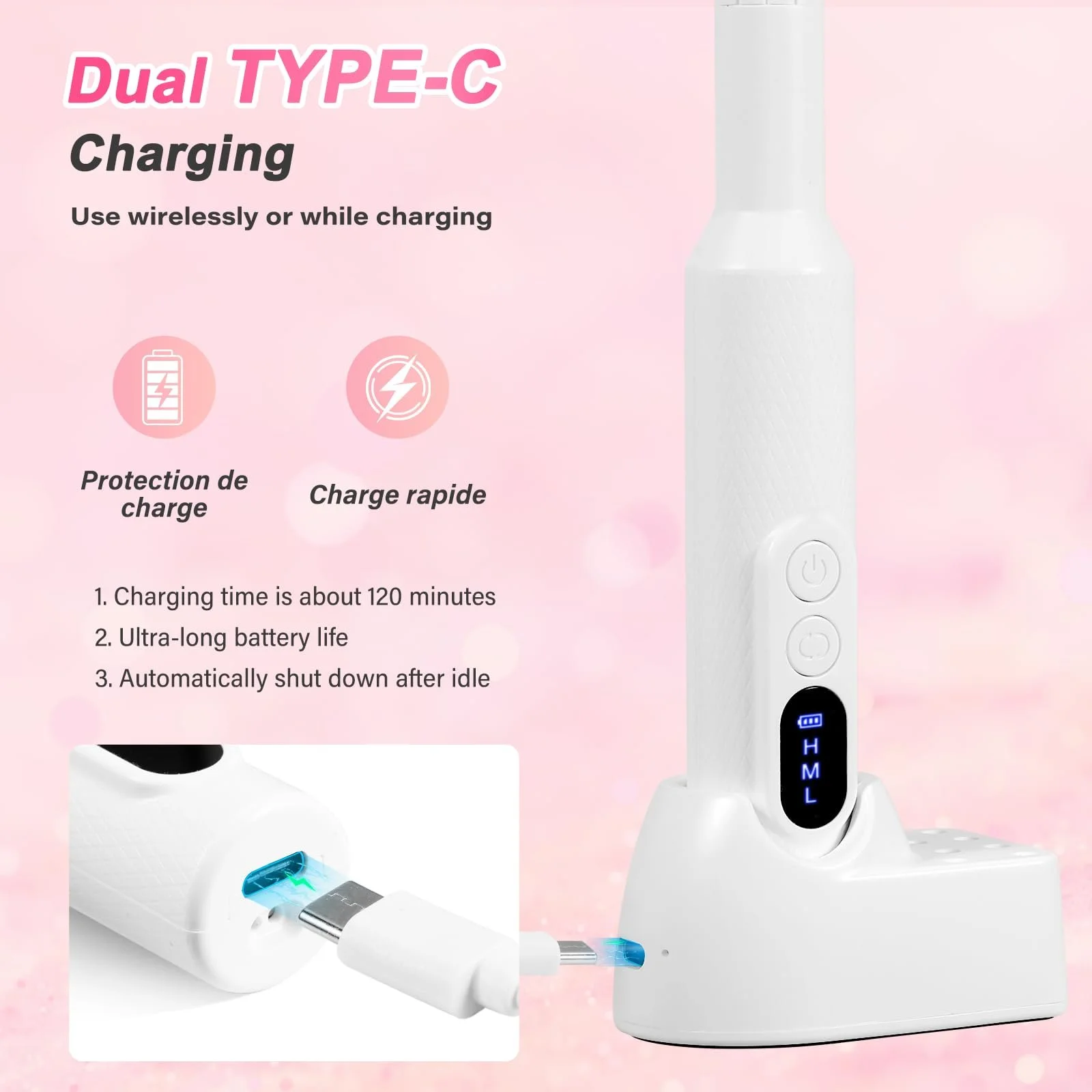 Машинка для нігтів Brencco Professional Wireless, 12-в-1 для гелевих нігтів 18000 об/хв, 8 тримачів для свердлильних головок, подвійна зарядка Type-C, фото №4